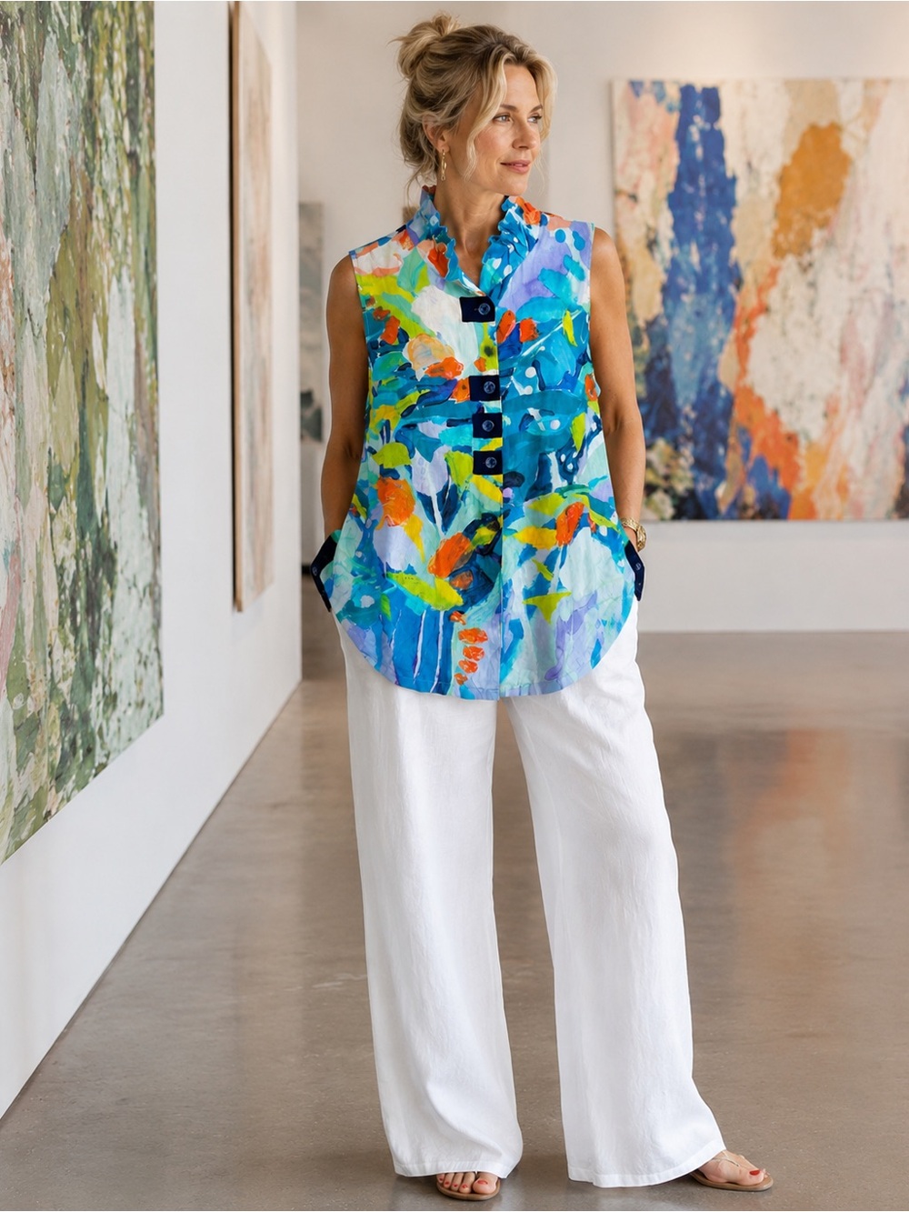 Claire Desjardins vibrant colors bold strokes Art to wear Linen Tunic Top L